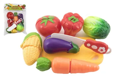 Image de Set de découpe pour légumes en plastique avec planche à découper 13,5 x 8 cm et couteau, dans un sac 18 x 26 x 5 cm