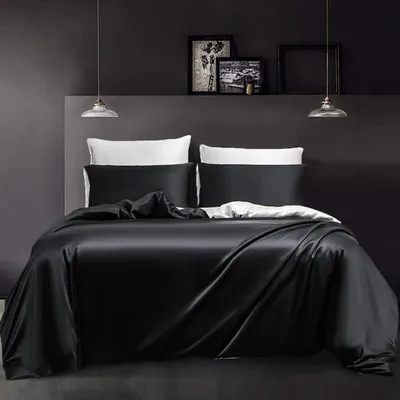 Obrázok produktu pre Saténová posteľná bielizeň 220x240 cm, čierno-biela, obojstranná, 3-dielna s zipsom, 2 vankúšové obliečky 80x80 cm, mikrovláknový satén