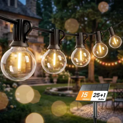 Imagen del producto de Yuucio, cadena de luces solares de 15 metros, modelo G40, con protección IP44, 25 luces + 1 de repuesto, resistentes a roturas, con temperatura de color de 2700K – Modelo: G40-15M-Solar