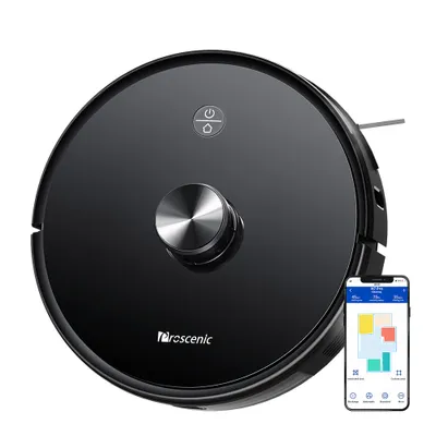 A black robot vacuum cleaner is shown from a top-down perspective on a white background, with a smartphone displaying a cleaning map next to it.
