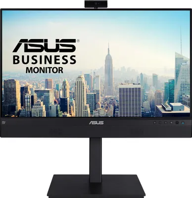 A computer monitor with a webcam attached, displaying a cityscape on its screen.