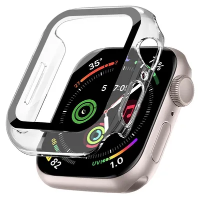 A clear protective case is shown covering most of an Apple Watch. The watch face displays various metrics and the time.