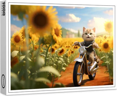 Produktbild von raxxa Premium-Puzzle "Katze fährt Rad im Sonnenblumenfeld", 1000 Teile