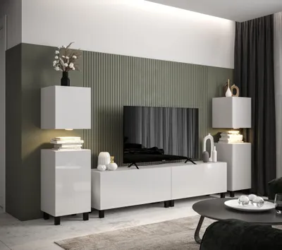 Image de Furnitech Meuble-paroi Salon - Meubles de salon avec LED Blanc - Meuble-paroi Suspendu Moderne - Étagères et meuble TV (AN106-21W-HG2-1A)