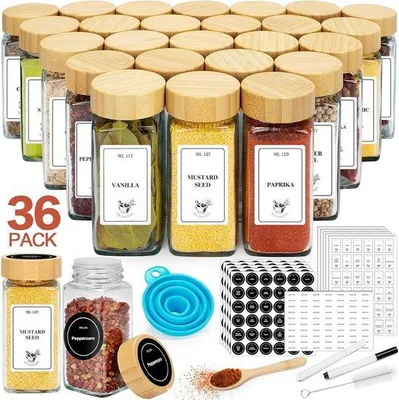 Produktbild von Set aus 36 quadratischen Kräuterflaschen mit Kräuteretiketten, gläserne Kräuterflaschen mit Schüttgefäß, Kräuterflaschen-Set mit Bambusdeckel, Kräuterflaschen mit Silikontrichter.