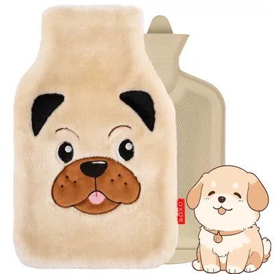 Immagine prodotto di Borsa dell'acqua calda grande con fodera, 1,8 l, con motivo a forma di cane di SOXO – Regali per bambini, regali per donne