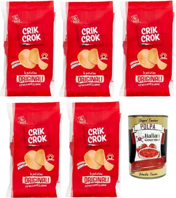 Produktbild von 5x Crik Crok Le Patatine Originali,Kartoffelchips Glutenfrei,Gesalzen Snack,150g Packung,Jede Packung enthält 6 Beutel à 25g + Italian Gourmet Polpa di Pomodoro 400g Dose
