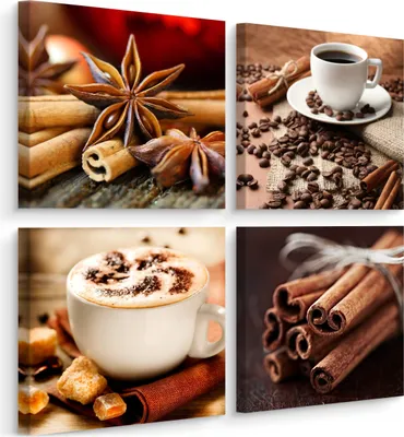 Produktbild von Leinwandbilder Set 4 Bilder für Küche Esszimmer Tasse Kaffee ZIMT Natur 3D 100cm x 100cm (4x 50cm x 50cm)