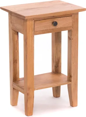 A wooden side table with a drawer and a shelf.