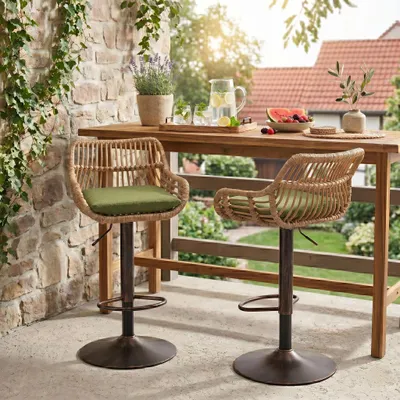 Produktbild von LVHOM 2er Set Barhocker Rattan mit Metallsockel, Barstuhl Gartenstühle, Gartenmöbel Balkonmöbel, höhenverstellbar Gartenhocker 360° drehbar, Grün