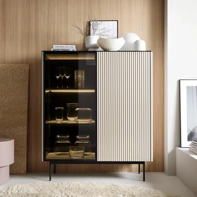 Produktbild von Standvitrine Vitrinenschrank DIJON 107 cm Kaschmir Schwarz LED Push-To-Open