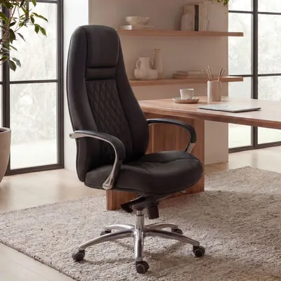 Zdjęcie produktu dla FineBuy AUSTIN – krzesło biurowe, czarne, z prawdziwej skóry, ergonomiczne krzesło biurkowe, eleganckie krzesło szefa, obrotowe krzesło z regulacją wysokości