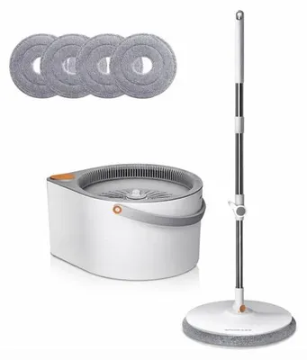 Immagine prodotto di Set Spinmop con sistema di aspirazione dell'aria – Pulizia dei pavimenti senza mani con diverse testine e panni in microfibra