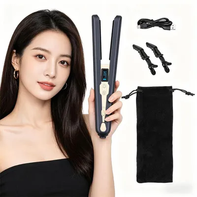 Produktbild von Kabelloses Glätteisen mit LCD Display, 2 in 1 Haarglätter Lockenstab, Akku, Keramikplatten, Ionentechnologie, Mini Reise Haarstyler