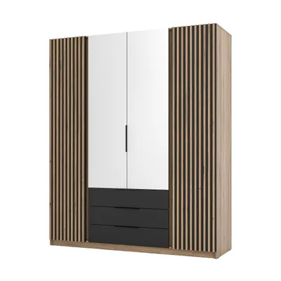 Produktbild von Garderobenschrank KORA V Eiche Evoke/Schwarz mit Lamellentüren, Spiegel, Schubladen - Kleiderschrank für Flur, Schlafzimmer, Ankleideraum mit Stauraum