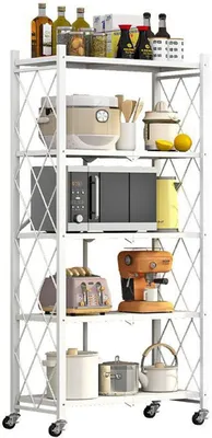Produktbild von Klappbar Servierwagen mit 4 Rollen, Rollwagen klappbar 3/4/5 Etage Mobile Storage Folding Trolley Mikrowellen-Regal Küchenwagen Etagenwagen Regal für Küche Büro (Weiß, 5 Schichten)