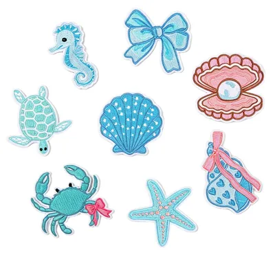 8 Stickpatches Meeresmotive zum Aufbügeln, 4–8 cm, Polyester