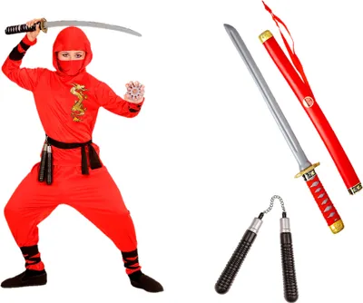 Produktbild von Kostüm Red Dragon Ninja  - Ninja Verkleidung Set - roter Samurai Kämpfer inkl. rotem Schwert und Stäbe M - 140 cm