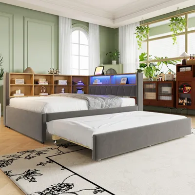 Immagine prodotto di Divano letto Sweiko 140x200, letto estraibile 90x190, dotato di luci LED, prese e numerosi vani portaoggetti, letto imbottito, divano letto multifunzionale, letto singolo, flanella, grigio scuro.