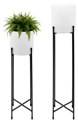 Produktbild von Metall Blumentopfständer 2er Set - Ständer mit weißen Töpfen - 74 und 58 cm - Blumentopfhalter mit Topf - Planzenständer rund