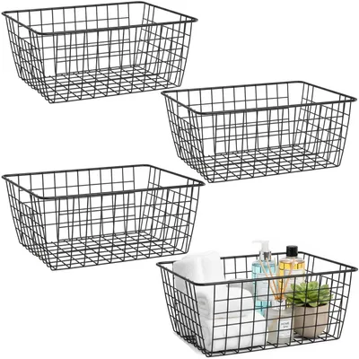 Productafbeelding van Metalen Opbergmanden met Houten Handvatten - Set van 4