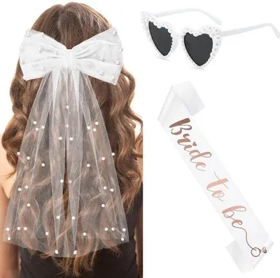 Productafbeelding van Decoratie voor vrijgezellenfeest, witte bruidssluier met strik, zonnebril hart met parel, bruid van Zijn Bride to be