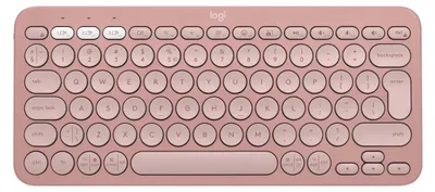 A top-down view of a pink Logitech keyboard.