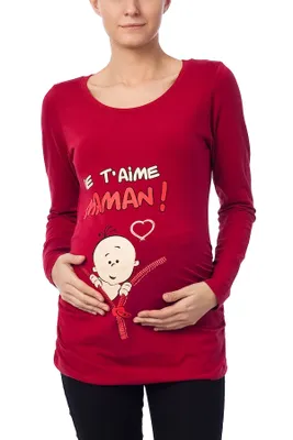 Immagine prodotto di Maglietta premaman manica lunga Je t’aime Maman – abbigliamento premaman donna, 95% cotone, rosso, taglia M