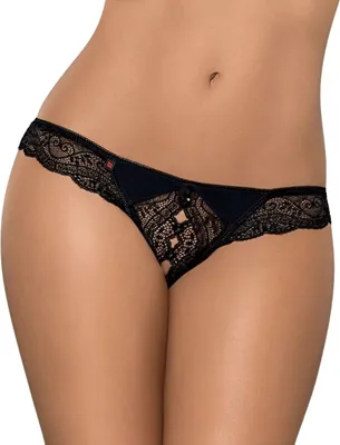 Zdjęcie produktu dla Obsessive Miamor S/M - Stringi z ozdobną koronką i otwartym krokiem, czarne