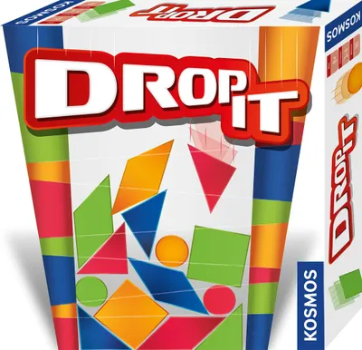 A product box for the game 'Drop It' by KOSMOS, featuring colorful geometric shapes.