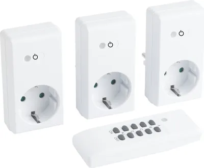 A set of four white wireless remote-controlled electrical outlets and a remote control are displayed on a white background.