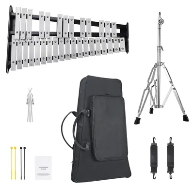 Produktbild von SucceBuy Glockenspiel-Xylophon-Set mit 32 Tönen, vielseitiges Schlaginstrumenten-Set inklusive Schlägeln, Trommelstöcken, Notenständer, höhenverstellbarem Ständer und Tragetasche – ideal für Schüler und Erwachsene