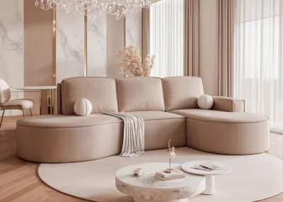 Image de Canapé d'angle rembourré SOFIA VELVET avec fonction couchage - Canapé L avec fonction relax et compartiment de rangement - Canapé d'angle droit indépendant Riviera 24 Beige