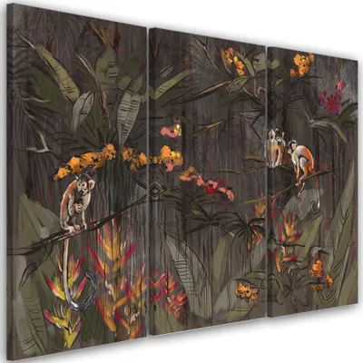 Produktbild von Triptychon auf leinwand dschungel affen 90x60 cm Feeby grau wandbild bereit zum aufhängen