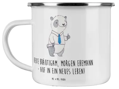 Produktbild von Mr. & Mrs. Panda Teetasse Bräutigam Heute - Weiß - Geschenk, Reisebecher, Brautpaar, neues Leben, Liebe, Heirat, Hochzeitsdekoration, Heiraten, Emaille Becher, Haferl
