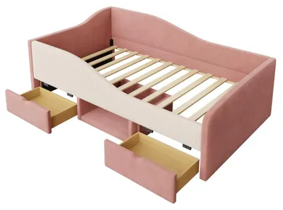 Image de Lit de jour rembourré - Lit simple 90 x 190 cm - 2 tiroirs - Barrière de sécurité - Velours - Rose - Sans matelas