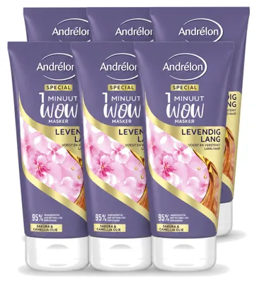 Produktbild von 6 x Andrélon 1 Minuut Wow Haarmasker Levendig Lang - 180 ml - Vorteilspackung - 6 Stücke