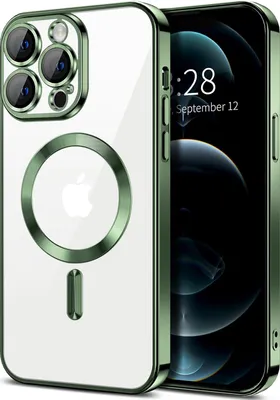 Obrázek produktu pro Magnetické čiré pouzdro pro iPhone 12 Pro Max, kompatibilní s MagSafe, galvanicky pokovené ochranné pouzdro s ochranou fotoaparátu tmavě zelená
