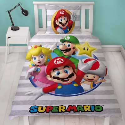 Produktbild von Nintendo Super Mario Bettwäsche für Jungen · Kinderbettwäsche 135x200 80x80 cm aus 100% Baumwolle mit Reißverschluss · Graues Motiv Porträt mit wichtigen Charakteren Mario, Luigi, Peach, Toad und Star