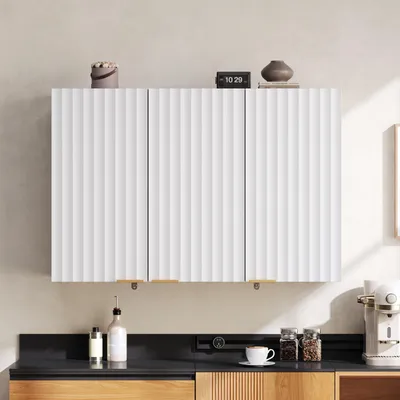 Produktbild von Merax Küchen-Wandschrank mit 3 Türen, Hängeschrank mit golden Griffen zur Aufbewahrung, Wandschrank aus MDF, wellenförmig,, Weiß