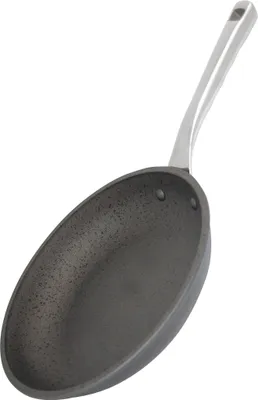 A frying pan with a long handle, shown from a slightly elevated angle against a white background.