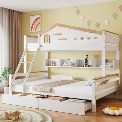 Produktbild von MODFU Etagenbett Kinderbett 90x200cm&140x200cm mit Zwei Schubladen, Hochbett mit Rausfallschutz, Massivholzbett Stockbett mit Lattenrost und vierstufigen Schrägleiter, Jugendbett Bettgestell, Weiß+Natur
