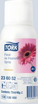A close-up studio shot of a Tork floral air freshener spray bottle.