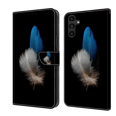 Produktbild von CLM-Tech Handyhülle kompatibel mit Samsung Galaxy A17 5G Hülle - Tasche aus Kunstleder - Klapphülle mit Ständer und Kartenfächern - Schutzhülle Wallet Case Cover zwei Federn blau und weiß