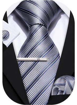 Produktbild von Herren Krawatten Set Seide Hellgrau Paisley mit Einstecktuch, Manschettenknöpfen & Krawattennadel