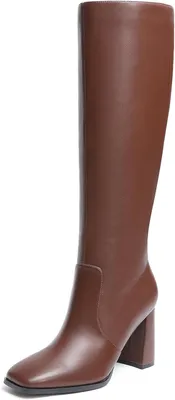 Productafbeelding van Kniehoge dameslaarzen met vierkante neus, blokhak 8,5 cm, zijrits, kunstleer, bruin, maat 43