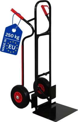 Produktbild von Stahlrohr-Sackkarre RAGNAR mit klappbarer XXL Schaufel, gebogenen Streben & pannensichere PolyurethanBereifung | Traglast 250kg | HxBxT 117x60x60cm | Schwarz | Transportkarre Staplerkarre klappbar