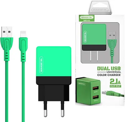 Image de CHARGEUR SECTEUR 2A + CÂBLE IPHONE VERT SOMOSTEL 2100 mA 2xUSB DUAL SMS-A53