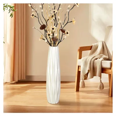 Produktbild von Weiße Keramik Bodenvase, 45 cm große Vase für Blumen, dekorative Vasen für Wohnzimmer, Büro und Schlafzimmer, modernes Design, schlichte Keramikvase