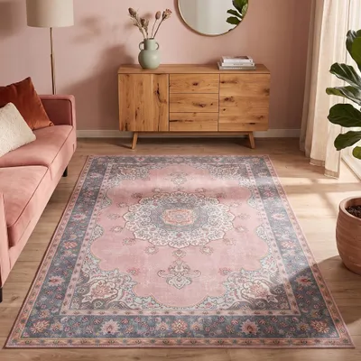 Produktbild von Volero - Teppich Vintage - Lily Medaillon Rosa - 80x150 cm - Wohnzimmer, Esszimmer, Schlafzimmer - Klassik